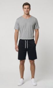 Ανδρικό βαμβακερό μπλουζάκι T-Shirt με κοντό μανίκι και λεπτή λαιμόκοψη SAPOO 401 γκρι και Βερμούδα τρίκλωνη 59-3 μαύρο