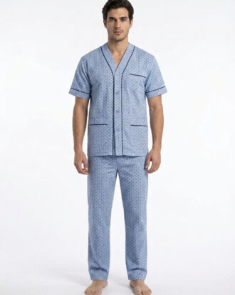 Πυτζάμα κουμπωτή λεπτή βαμβακερή με κοντό μανίκι και μακρύ παντελόνι ΝΙΚΗΦΟΡΟΣ 26s-1612-1 σιελ