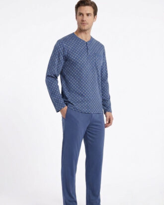 Λεπτή βαμβακερή πυτζάμα μακρυμάνικη ανδρική εποχιακή 100% βαμβάκι μακό single jersey ΝΙΚΗΦΟΡΟΣ 26s-1803 ραφ