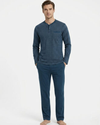 Λεπτή βαμβακερή πυτζάμα μακρυμάνικη ανδρική εποχιακή 100% βαμβάκι μακό single jersey ΝΙΚΗΦΟΡΟΣ 26s-1803 πετρόλ