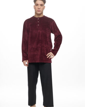 Ανδρική πυτζάμα βελούδο βαμβακερό Galaxy 805-25 μπορντό-μαύρο