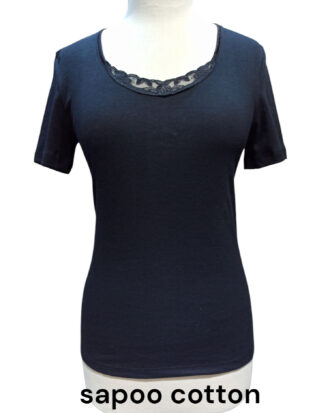 Γυναικεία φανέλα κοντό μανίκι με δαντέλα 100% βαμβάκι SAPOO 622 μαύρο