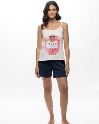 Baby doll βαμβακερό GALAXY. Γυναικεία πυτζάμα με λεπτό ραντάκι και κοντό παντελόνι σορτ 605-25 ροζ