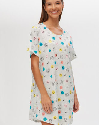 Γυναικείο βαμβακερό νυχτικό ζαπονέ MINERVA. Κοντό νυχτικό T-Shirt Dress 100% βαμβάκι 53121 smiles