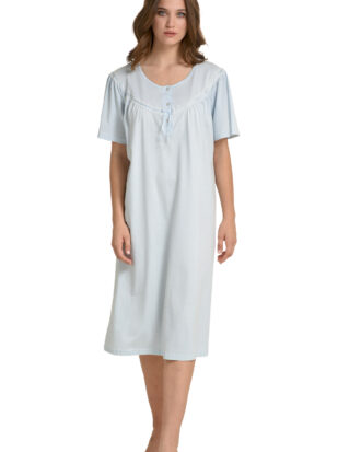 Primavera κοντομάνικο νυχτικό βαμβακερό μακό. Κοντό μανίκι ρεγκλάν μονόχρωμο με δαντέλα. 100% βαμβάκι M126 σιελ