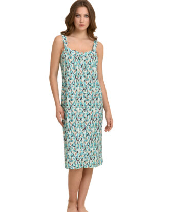 Primavera μακό νυχτικό με φαρδιά τιράντα. Εμπριμέ με ωμίτη σούρα και πατιλέτα στο στήθος. 50%βαμβάκι-50%μοντάλ M264