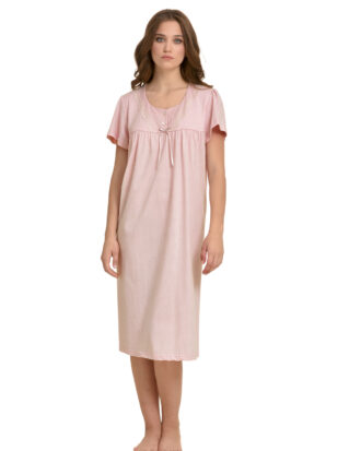 Primavera βαμβακερό νυχτικό μακό με κοντό μανίκι. Εμπριμέ με δαντέλα. 100% βαμβάκι M300