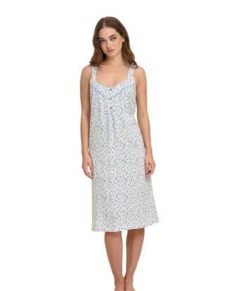 Primavera βαμβακερό νυχτικό μακό με φαρδιά τιράντα. Εμπριμέ με ωμίτη σούρα και στενή δαντέλα στο στήθος. 100% βαμβάκι M312