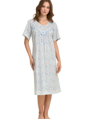 Primavera βαμβακερό νυχτικό μακό με κοντό μανίκι. Εμπριμέ με ρέλι. 100% βαμβάκι M316