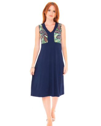 Γυναικείο φόρεμα αμάνικο βισκόζ με εμπριμέ μπούστο Billysfashion 25033-1 μπλε