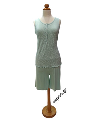 Γυναικεία πυτζάμα χωρίς μανίκι εμπριμέ με μονόχρωμη βερμούδα Billysfashion 25125 μέντα