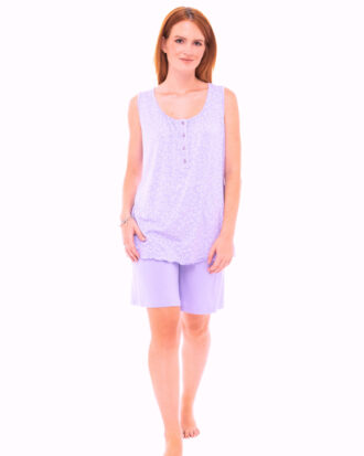 Γυναικεία πυτζάμα χωρίς μανίκι εμπριμέ με μονόχρωμη βερμούδα Billysfashion 25131 λιλά