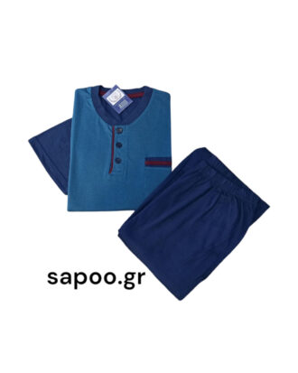 Ανδρική βαμβακερή πυτζάμα κοντό μανίκι σετ με 2 παντελόνια. Μακρύ και κοντό παντελόνι PLF_MPJSET S25-1 μπλε