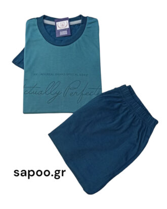 Ανδρική βαμβακερή πυτζάμα κοντό μανίκι κοντό παντελόνι βερμούδα PLF_MPJ S25-2 πετρόλ