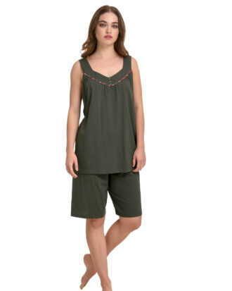 Primavera πυτζάμα αμάνικη. Γυναικεία βαμβακερή πυτζάμα σετ με βερμούδα 100% βαμβάκι M170 λαδί