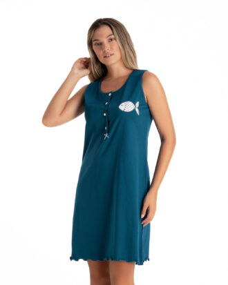 Καλοκαιρινό νυχτικό χωρίς μανίκι μονόχρωμο. Γυναικείο αμάνικο νυχτικό ως το γόνατο σε ελαφρύ, δροσερό βαμβακερό μακό ύφασμα RELAX 3125024 πετρόλ