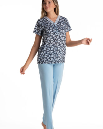 Γυναικεία πυτζάμα κοντό μανίκι μακρύ παντελόνι βαμβακερή εμπριμέ RELAX 3125045 σιελ