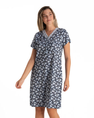 Καλοκαιρινό νυχτικό κοντό μανίκι εμπριμέ. Γυναικείο κοντομάνικο νυχτικό ως το γόνατο σε ελαφρύ, δροσερό βαμβακερό μακό ύφασμα RELAX 3125051