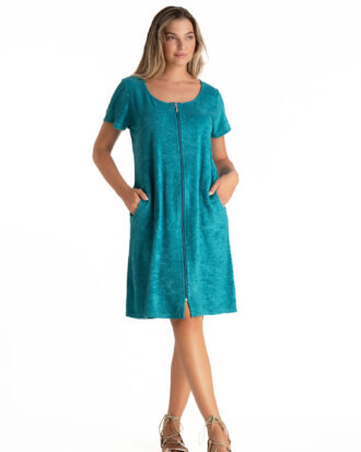 Φόρεμα θαλάσσης πετσετέ. Βαμβακερό γυναικείο ρομπάκι με κοντό μανίκι, φερμουάρ και τσέπες RELAX 3125111 πετρόλ