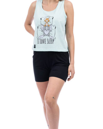 Γυναικεία πυτζάμα χωρίς μανίκι βαμβακερή με σορτς SARA 25-1260 mint