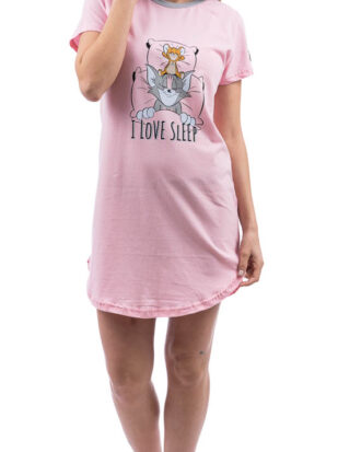 Γυναικείο βαμβακερό νυχτικό ζαπονέ. Κοντό νυχτικό T-Shirt Dress 100% βαμβάκι SARA 25-1262 ροζ