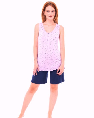 Γυναικεία πυτζάμα χωρίς μανίκι εμπριμέ με μονόχρωμη βερμούδα Billysfashion 25125-1 ροζ-μπλε