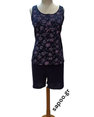 Γυναικεία βαμβακερή πυτζάμα χωρίς μανίκι εμπριμέ με μονόχρωμο κοντό παντελόνι βερμούδα NINA 25s-802-1 μπλε