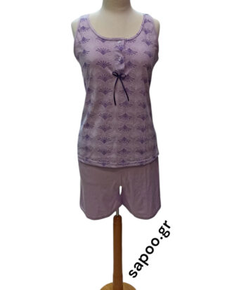 Γυναικεία βαμβακερή πυτζάμα χωρίς μανίκι εμπριμέ με μονόχρωμο κοντό παντελόνι βερμούδα NINA 25s-802-2 λιλά