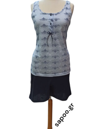 Γυναικεία βαμβακερή πυτζάμα χωρίς μανίκι εμπριμέ με μονόχρωμο κοντό παντελόνι βερμούδα NINA 25s-802-3 σιελ μπλε