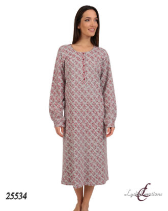 Βαμβακερό νυχτικό κλασικό Lydia Creations 25534 γκρι μπορντό