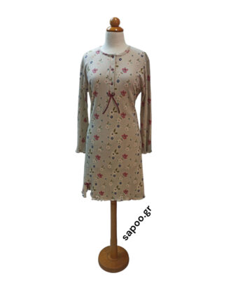 Βαμβακερό ριπ νυχτικό ΝΙΝΑ εμπριμέ ίσιο 100% βαμβάκι ριπ interlock 25-R815 μπεζ