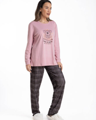 Γυναικεία βαμβακερή πυτζάμα με καρό παντελόνι Relax 3225001 ροζ