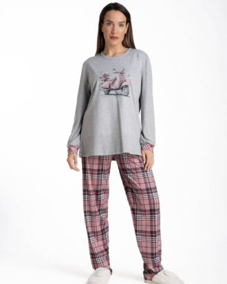 Γυναικεία βαμβακερή πυτζάμα με καρό παντελόνι Relax 3225033 γκρι