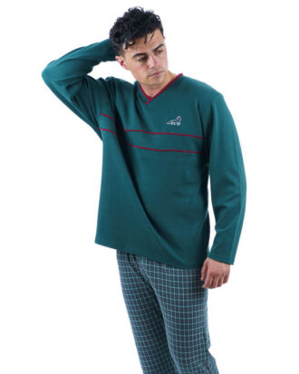 Βαμβακερή πυτζάμα ανδρική με καρό παντελόνι 100% βαμβάκι Dustin Billy B650 κυπαρισσί