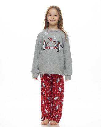 Παιδική βαμβακερή πυτζάμα ζεστή φούτερ για κορίτσι GALAXY 115-25 γκρι-κόκκινο εμπριμέ