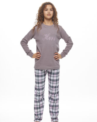 Εφηβική βαμβακερή πυτζάμα για κορίτσι GALAXY 120-25 γκρι-καρό