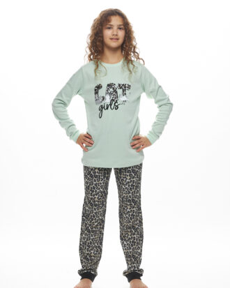 Εφηβική βαμβακερή πυτζάμα για κορίτσι GALAXY 124-25 μέντα-λεοπάρ
