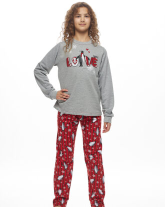 Εφηβική βαμβακερή πυτζάμα ζεστή φούτερ για κορίτσι GALAXY 125-25 γκρι-κόκκινο εμπριμέ