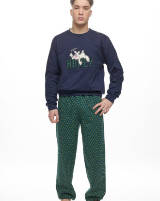Ανδρική πυτζάμα ζεστή βαμβακερή φούτερ με λάστιχα GALAXY 801-25 μπλε-πράσινο print