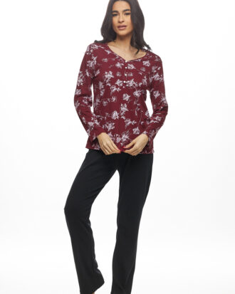 Γυναικεία πυτζάμα Galaxy 100% βαμβάκι 828-25 μπορντό-μαύρο