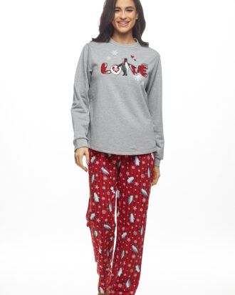 Γυναικεία πυτζάμα Galaxy ζεστή φούτερ βαμβακερή GALAXY 835-25 γκρι-κόκκινο εμπριμέ