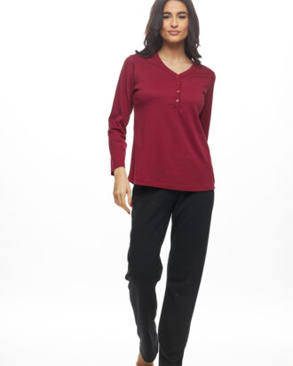 Γυναικεία πυτζάμα πολύ μεγάλα μεγέθη Galaxy 100% βαμβάκι 846-25 μπορντό-μαύρο