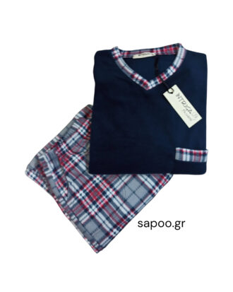 Ανδρική πυτζάμα φλις με VE και καρό παντελόνι INTRIGA 24300 μπλε-καρό