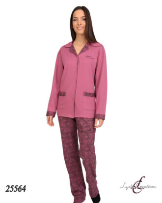 Γυναικεία κουμπωτή πυτζάμα Lydia Creations βαμβακερή ριγωτή πλέξη διάταξη 25564 σάπιο μήλο