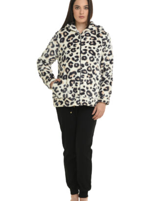 Ρόμπα Primavera φλις. Γυναικεία ρόμπα κοντή animal με φερμουάρ, κουκούλα και τσέπες fleece coral Primavera N124