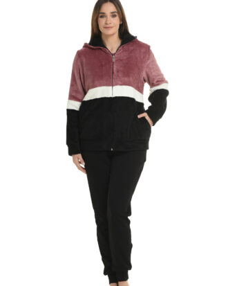 Ρόμπα Primavera φλις. Γυναικεία ρόμπα κοντή τρίχρωμη με φερμουάρ, κουκούλα και τσέπες fleece coral Primavera N194