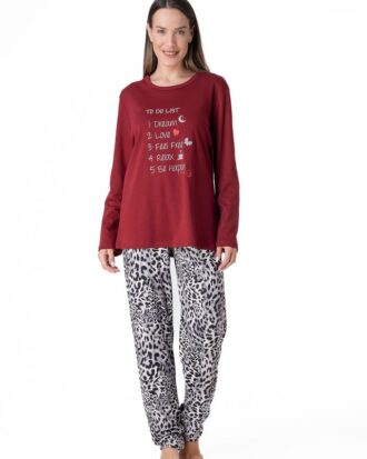 Γυναικεία βαμβακερή πυτζάμα με εμπριμέ animal παντελόνι Relax 3225019 μπορντό