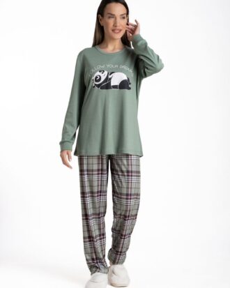 Γυναικεία βαμβακερή πυτζάμα με καρό παντελόνι Relax 3225031 πράσινο