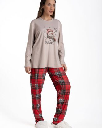 Γυναικεία βαμβακερή πυτζάμα με καρό παντελόνι Relax 3225111 μπεζ