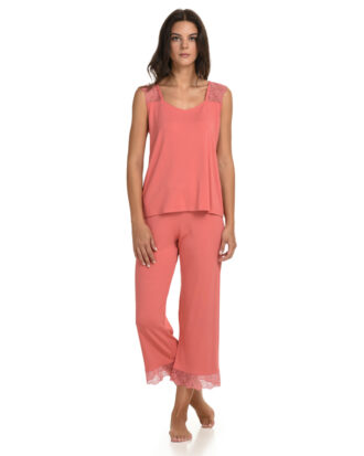 Primavera πυτζάμα κάπρι χωρίς μακίκι viscose με δαντέλα Π228 κοραλί